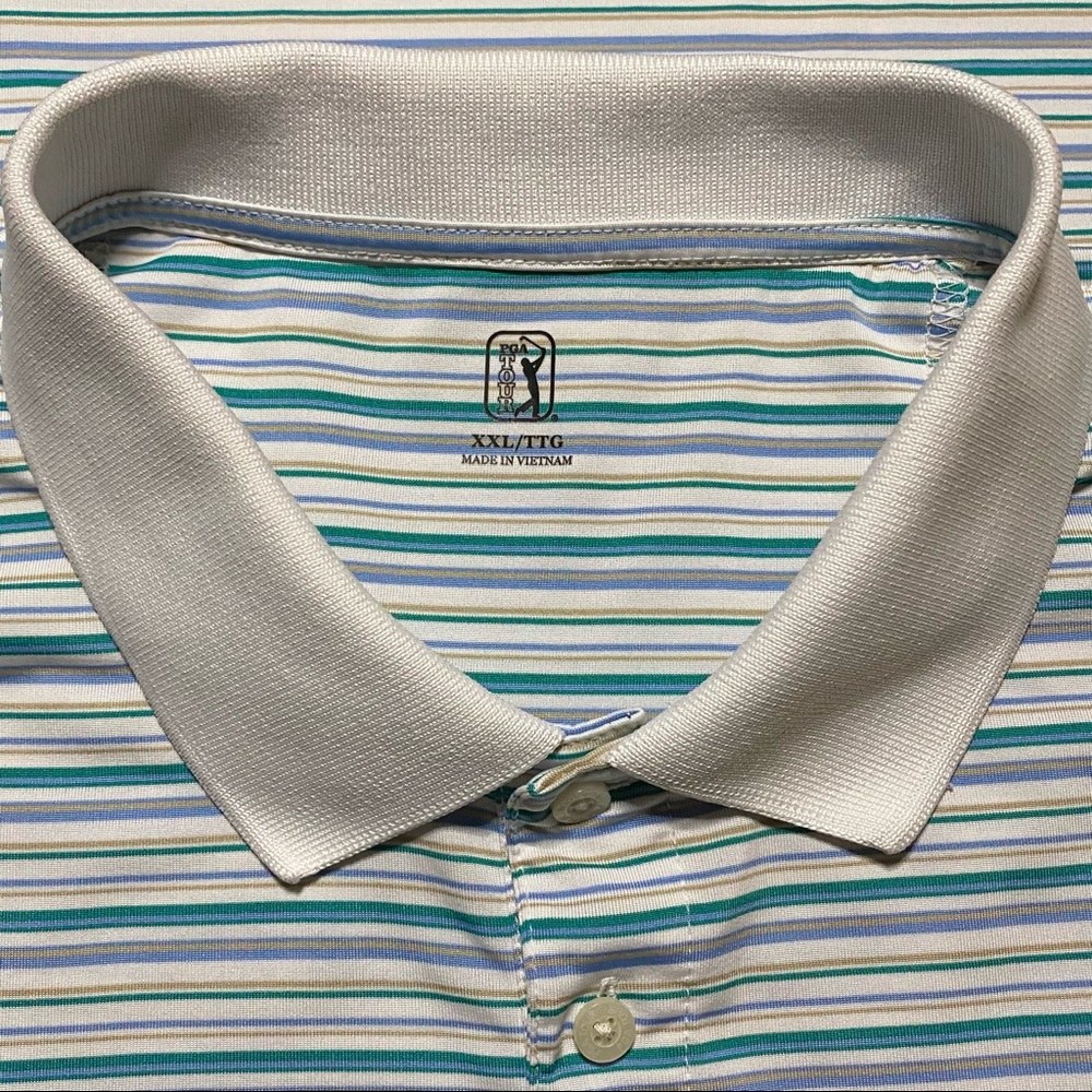 PGA Tour Golf Polo Men XXL White Purple Green Striped Short Sleeve Polyester